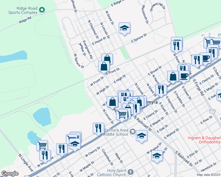 map of restaurants, bars, coffee shops, grocery stores, and more near 303 North Railroad Street in Palmyra