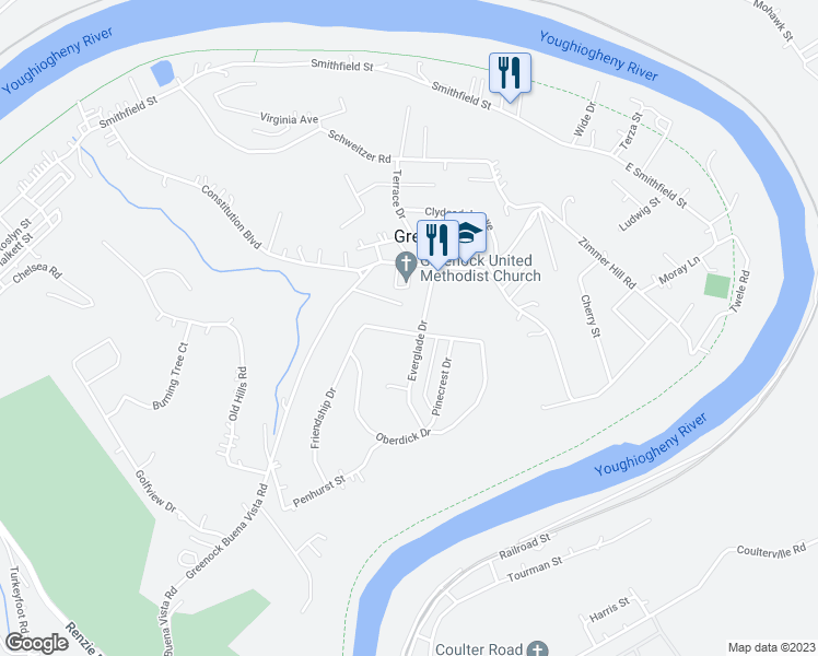 map of restaurants, bars, coffee shops, grocery stores, and more near 714 Everglade Drive in McKeesport