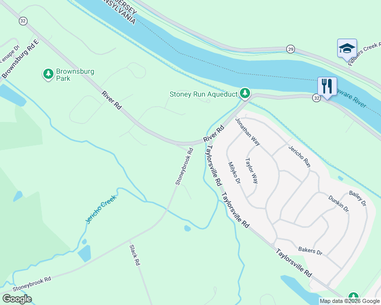 map of restaurants, bars, coffee shops, grocery stores, and more near 498 Stoneybrook Road in New Hope