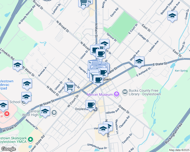 map of restaurants, bars, coffee shops, grocery stores, and more near 22 North Main Street in Doylestown