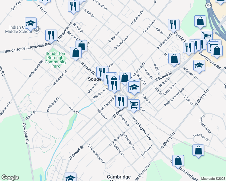 map of restaurants, bars, coffee shops, grocery stores, and more near 101 East Chestnut Street in Souderton