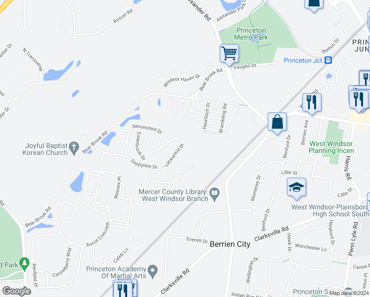 map of restaurants, bars, coffee shops, grocery stores, and more near 45 Lockwood Drive in Princeton