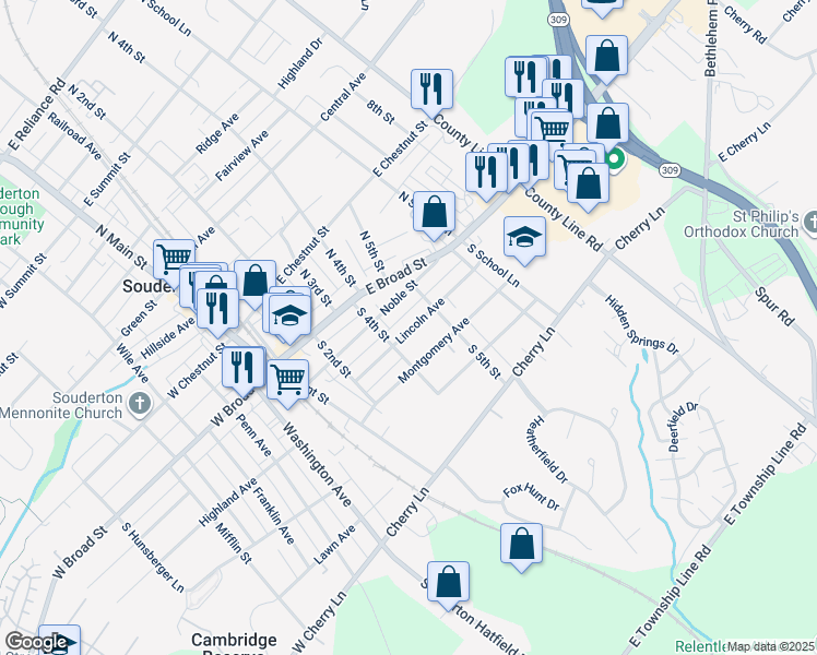 map of restaurants, bars, coffee shops, grocery stores, and more near 423 Lincoln Avenue in Souderton