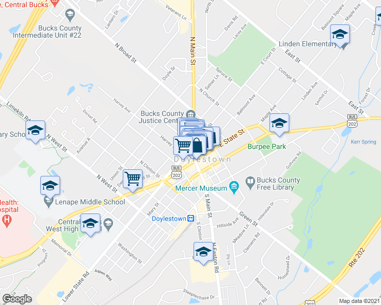 map of restaurants, bars, coffee shops, grocery stores, and more near 24 North Main Street in Doylestown