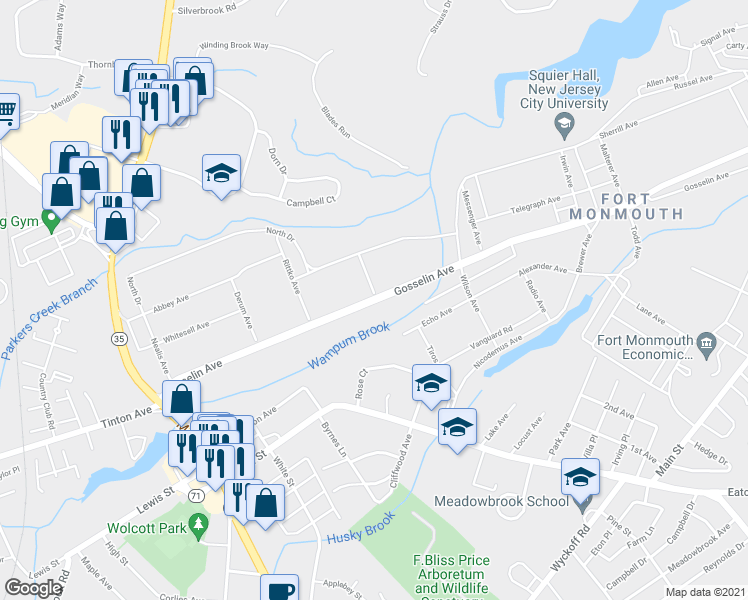 map of restaurants, bars, coffee shops, grocery stores, and more near 25 Gosselin Avenue in Eatontown