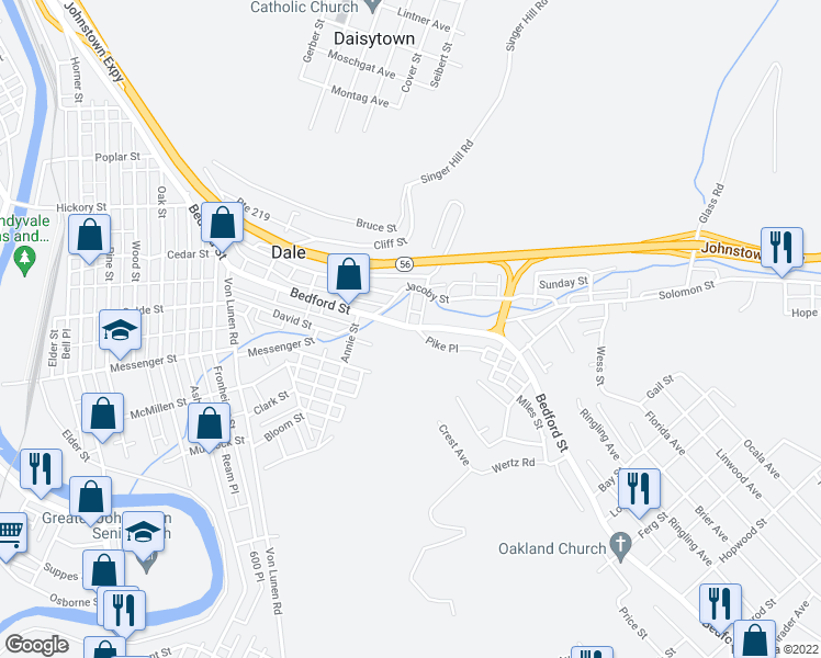 map of restaurants, bars, coffee shops, grocery stores, and more near 972 Bedford Street in Johnstown