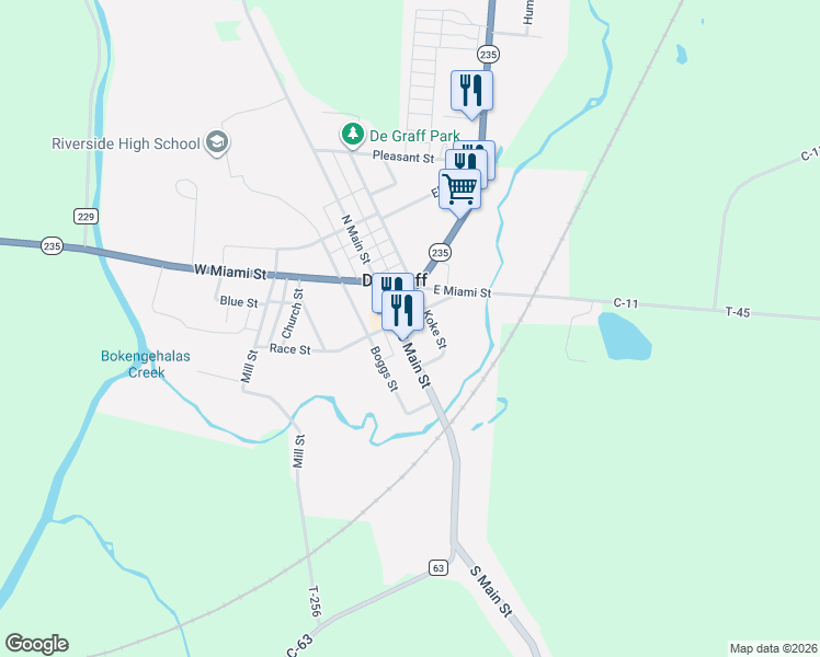 map of restaurants, bars, coffee shops, grocery stores, and more near 116 Koke St in De Graff