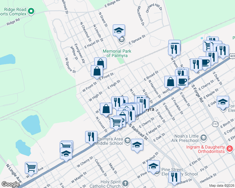 map of restaurants, bars, coffee shops, grocery stores, and more near 231 North Chestnut Street in Palmyra