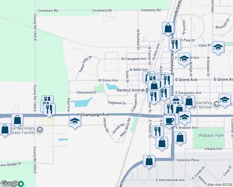 map of restaurants, bars, coffee shops, grocery stores, and more near 401 West Grove Avenue in Rantoul