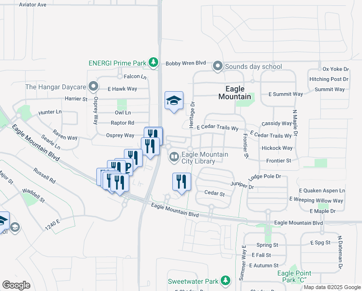 map of restaurants, bars, coffee shops, grocery stores, and more near 1702 Stone Creek Way in Eagle Mountain