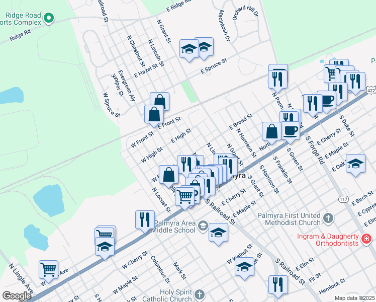 map of restaurants, bars, coffee shops, grocery stores, and more near 201 North Chestnut Street in Palmyra