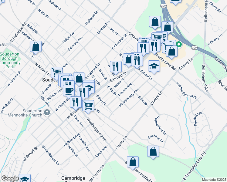map of restaurants, bars, coffee shops, grocery stores, and more near 37 South 4th Street in Souderton