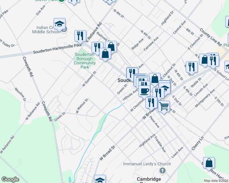 map of restaurants, bars, coffee shops, grocery stores, and more near 215 Wile Avenue in Souderton
