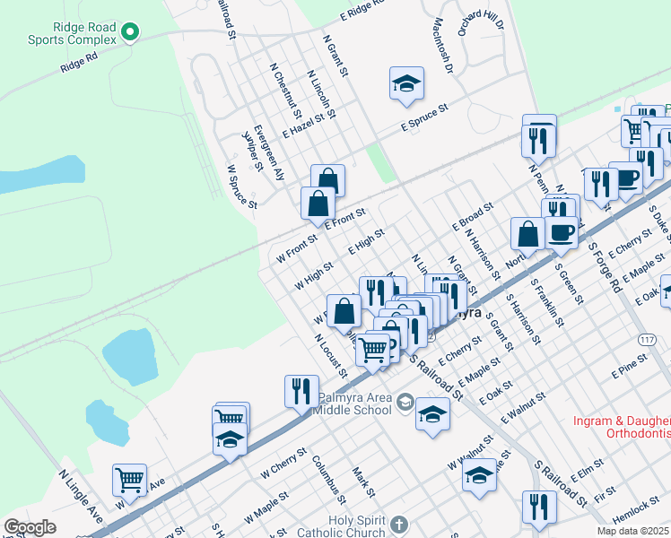 map of restaurants, bars, coffee shops, grocery stores, and more near 251 North Railroad Street in Palmyra
