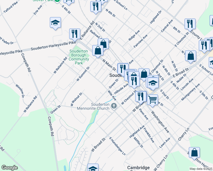 map of restaurants, bars, coffee shops, grocery stores, and more near 215 Wile Avenue in Souderton