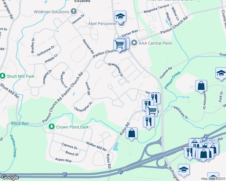map of restaurants, bars, coffee shops, grocery stores, and more near 2857 Buxton Court in Harrisburg