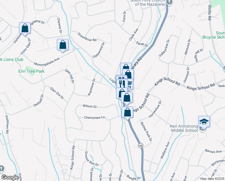 map of restaurants, bars, coffee shops, grocery stores, and more near 5821 Clark Avenue in Bethel Park