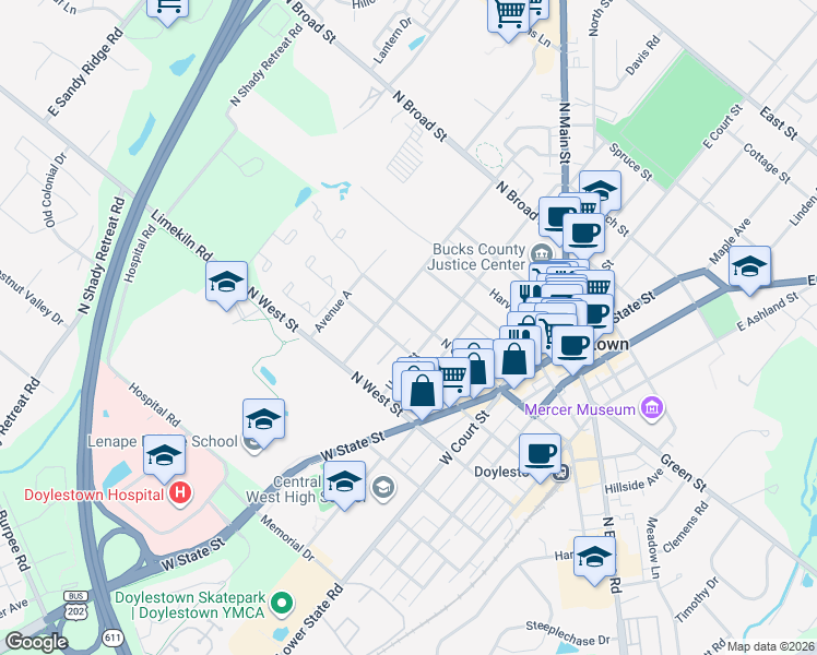 map of restaurants, bars, coffee shops, grocery stores, and more near in Doylestown