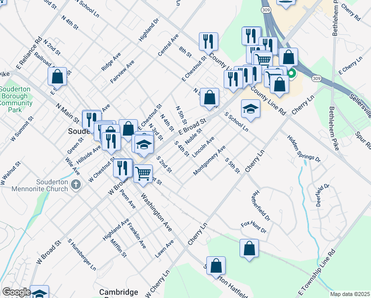 map of restaurants, bars, coffee shops, grocery stores, and more near 37 South 4th Street in Souderton