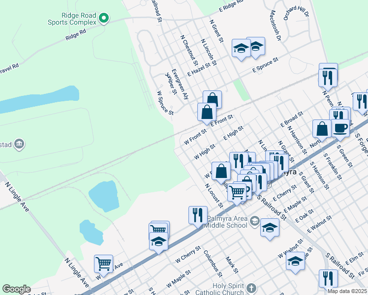 map of restaurants, bars, coffee shops, grocery stores, and more near 338 North Locust Street in Palmyra