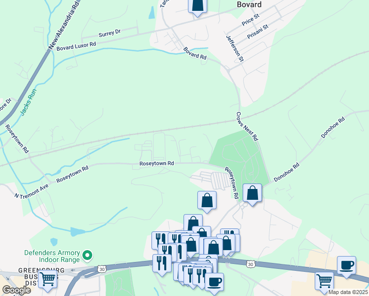 map of restaurants, bars, coffee shops, grocery stores, and more near 1572 Roseytown Road in Greensburg