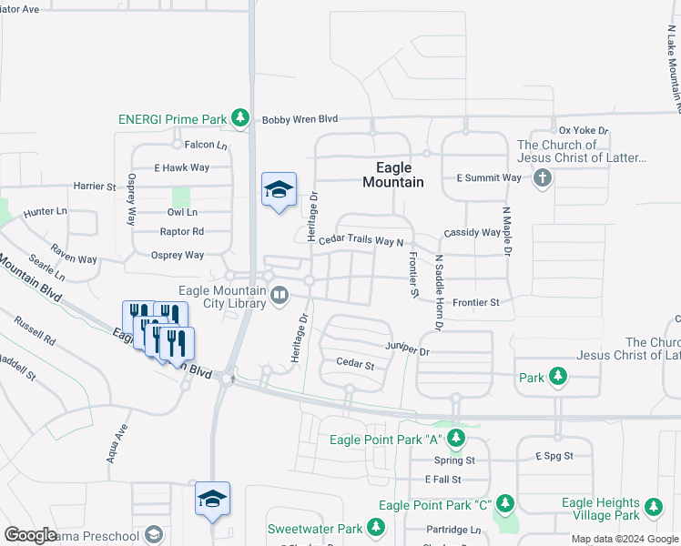 map of restaurants, bars, coffee shops, grocery stores, and more near 2 American Way in Eagle Mountain