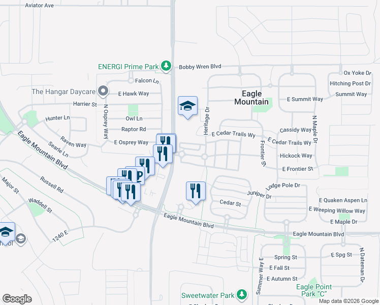 map of restaurants, bars, coffee shops, grocery stores, and more near 1658 E Talon Way in Eagle Mountain