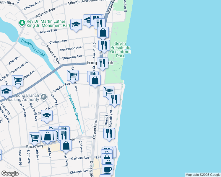 map of restaurants, bars, coffee shops, grocery stores, and more near 34 Seaview Avenue in Long Branch