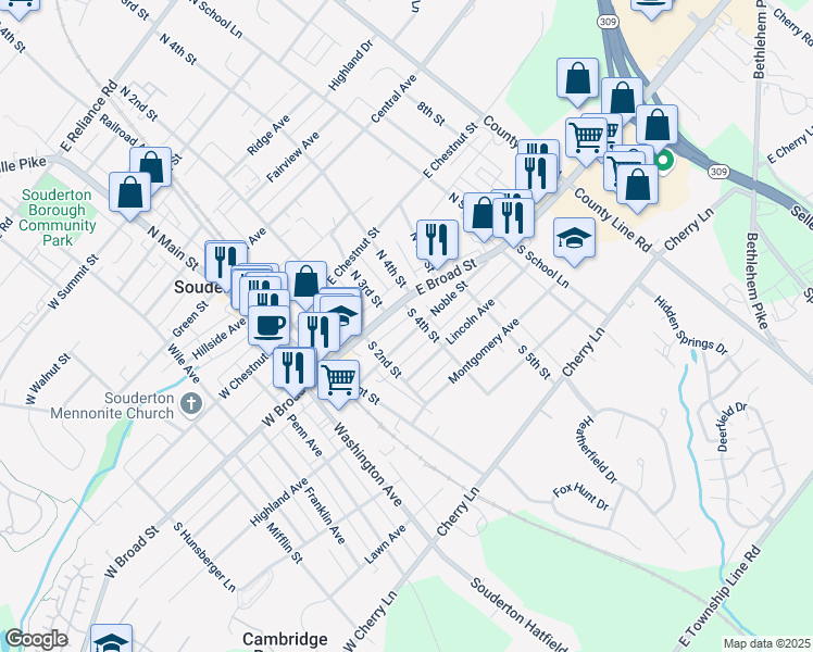 map of restaurants, bars, coffee shops, grocery stores, and more near 230 East Broad Street in Souderton