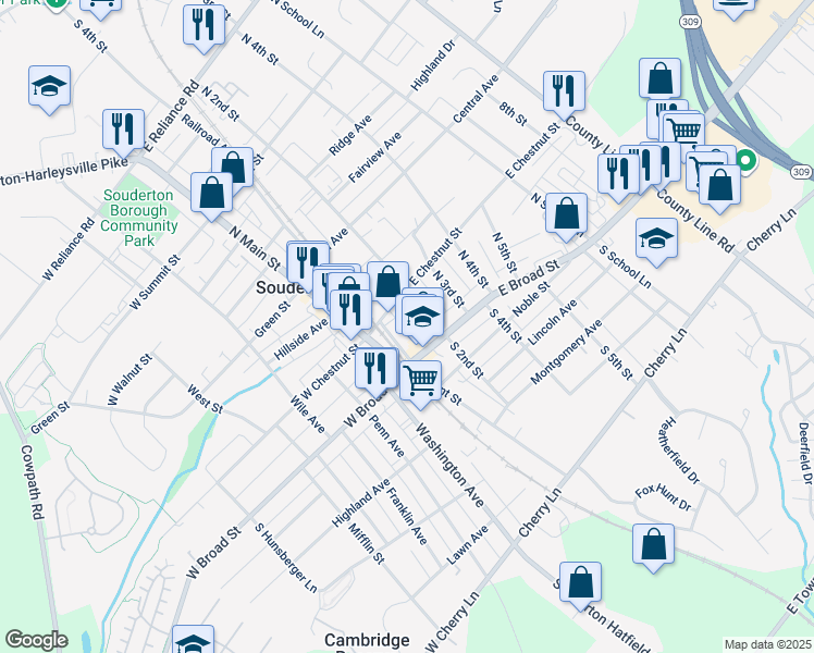 map of restaurants, bars, coffee shops, grocery stores, and more near 112 East Chestnut Street in Souderton