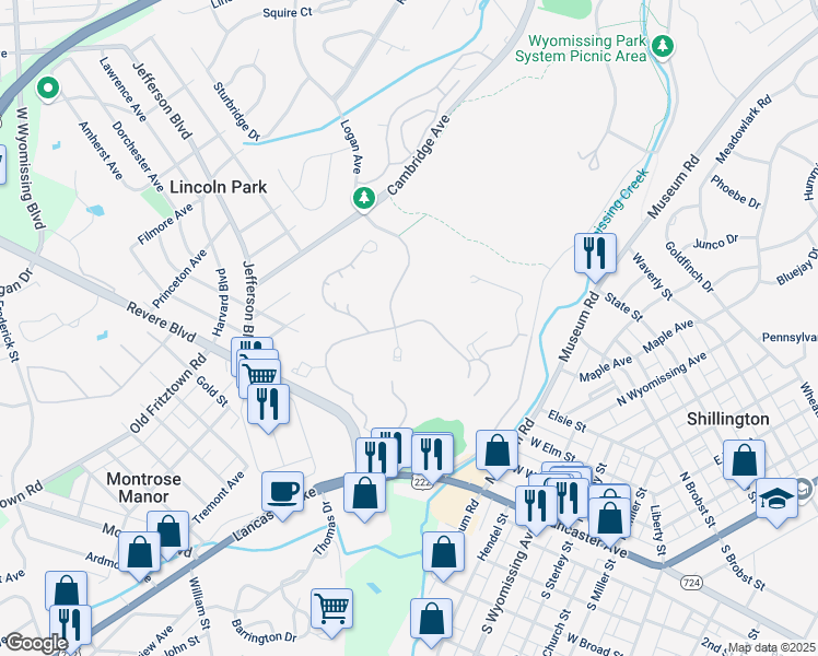 map of restaurants, bars, coffee shops, grocery stores, and more near 2102 Parkview Lane in Wyomissing