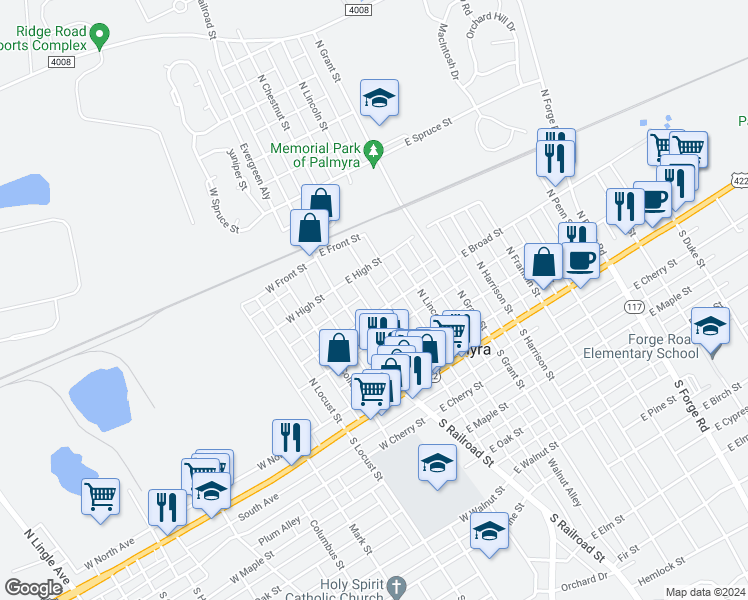 map of restaurants, bars, coffee shops, grocery stores, and more near 231 North Chestnut Street in Palmyra