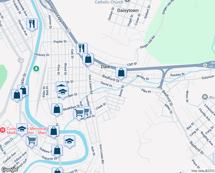 map of restaurants, bars, coffee shops, grocery stores, and more near 229 David Street in Johnstown