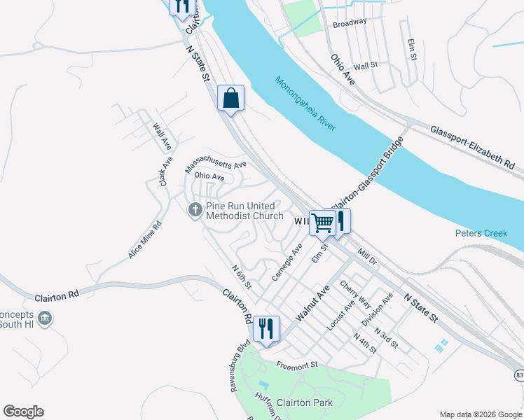 map of restaurants, bars, coffee shops, grocery stores, and more near 131 New York Avenue in Clairton