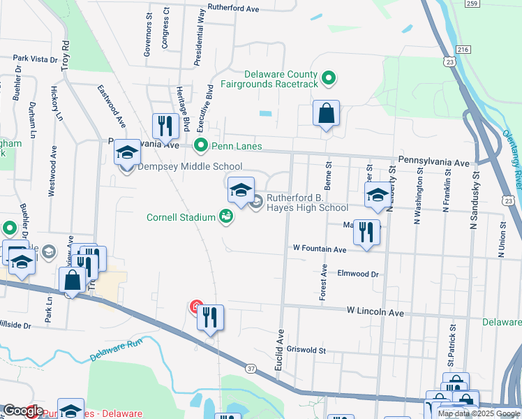 map of restaurants, bars, coffee shops, grocery stores, and more near 289 Euclid Avenue in Delaware