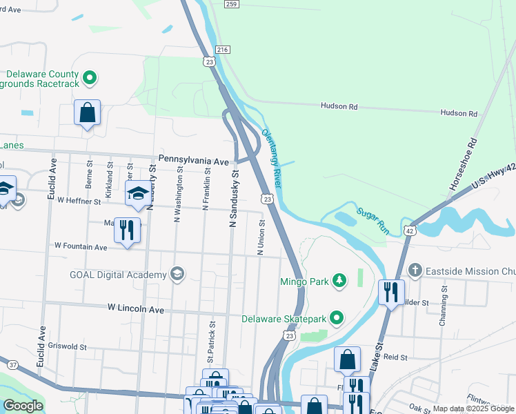 map of restaurants, bars, coffee shops, grocery stores, and more near 39 East Heffner Street in Delaware