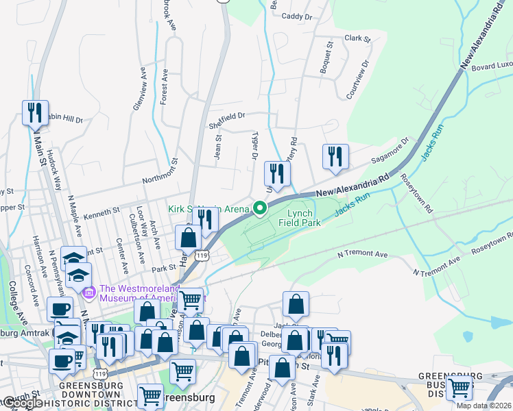 map of restaurants, bars, coffee shops, grocery stores, and more near 443 Fox Hill Street in Greensburg