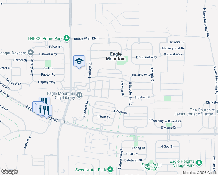 map of restaurants, bars, coffee shops, grocery stores, and more near 4320 North Angies Alley in Eagle Mountain