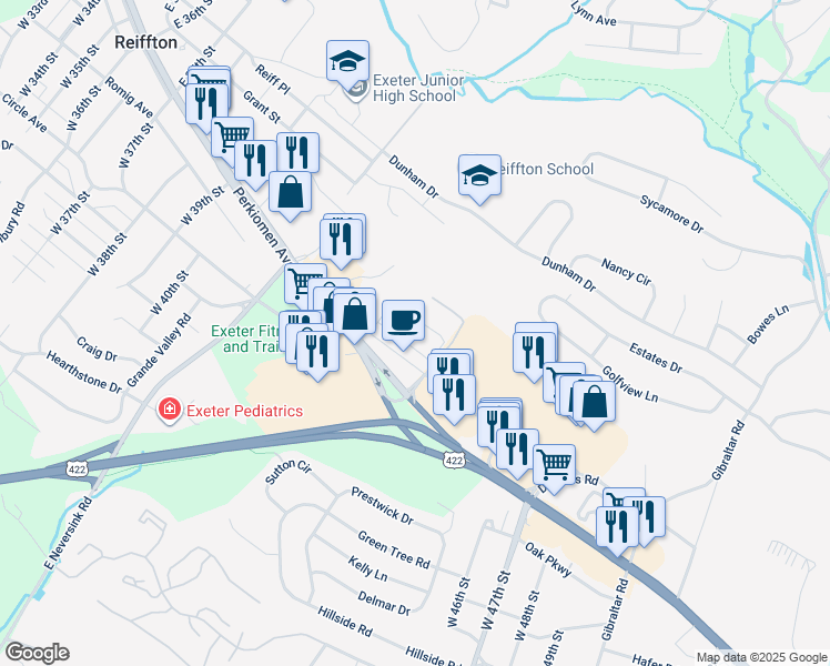 map of restaurants, bars, coffee shops, grocery stores, and more near 4365 Perkiomen Avenue in Reading