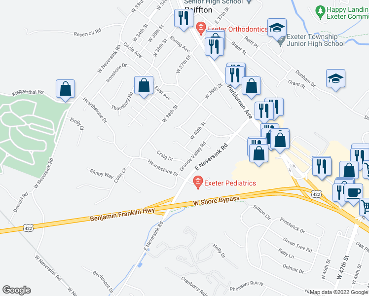 map of restaurants, bars, coffee shops, grocery stores, and more near A6 Alpine Court in Reading