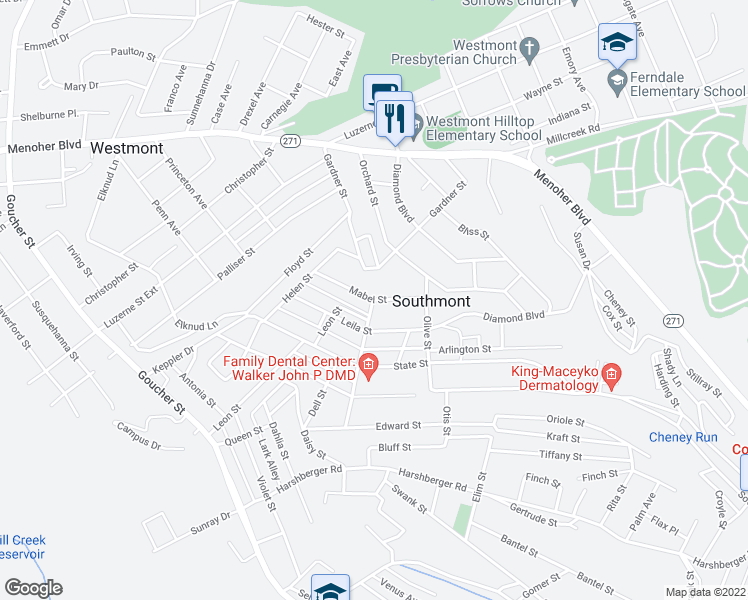 map of restaurants, bars, coffee shops, grocery stores, and more near 199 Mabel Street in Johnstown