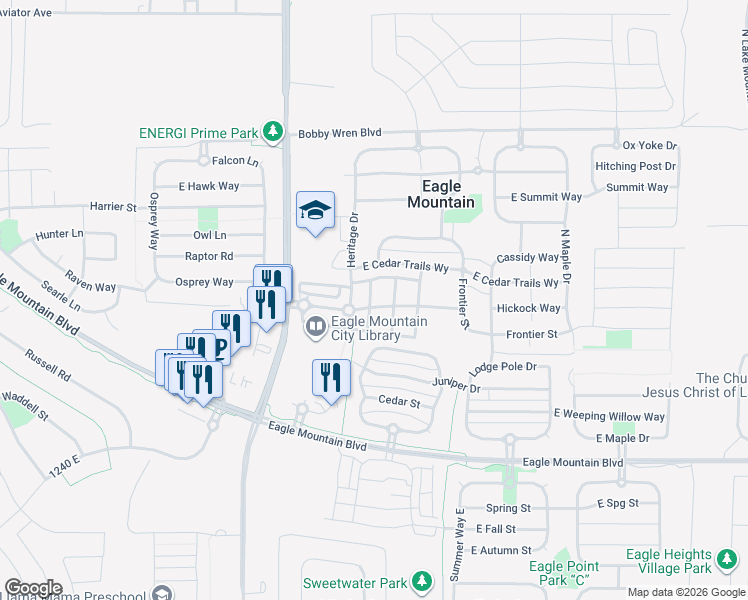 map of restaurants, bars, coffee shops, grocery stores, and more near 1805 American Way in Eagle Mountain