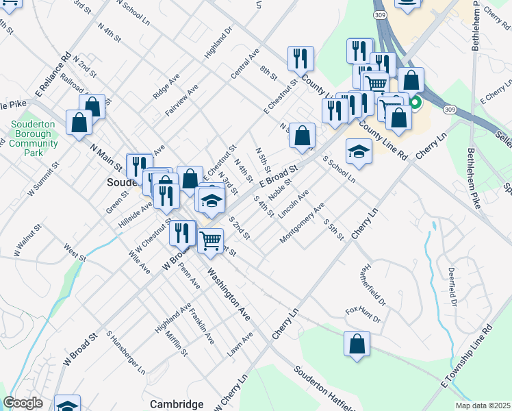 map of restaurants, bars, coffee shops, grocery stores, and more near 230 East Broad Street in Souderton