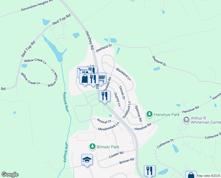 map of restaurants, bars, coffee shops, grocery stores, and more near 261 Osprey Lane in Hummelstown