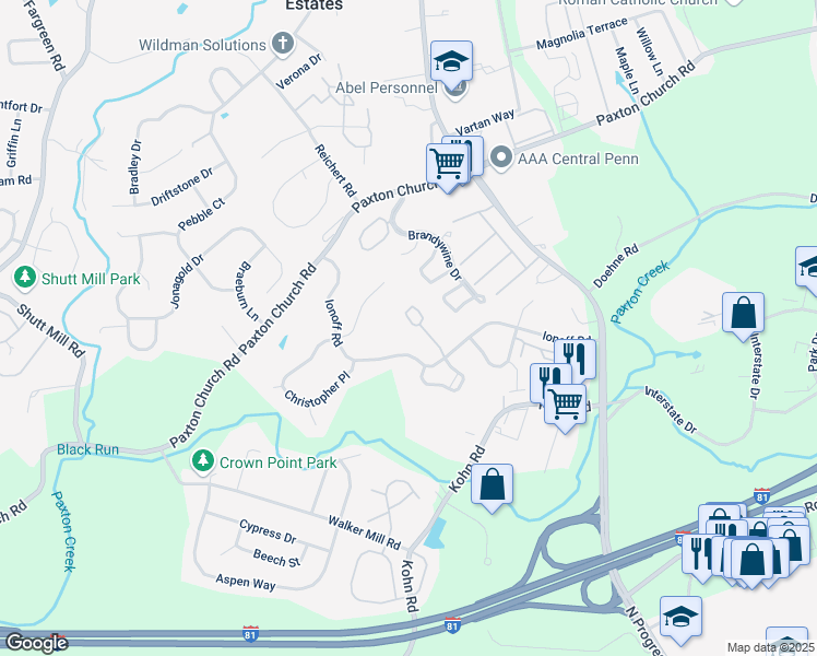 map of restaurants, bars, coffee shops, grocery stores, and more near 2850 Buxton Court in Harrisburg