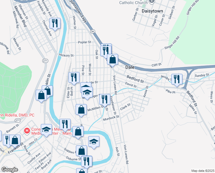 map of restaurants, bars, coffee shops, grocery stores, and more near 601 Ream Place in Johnstown