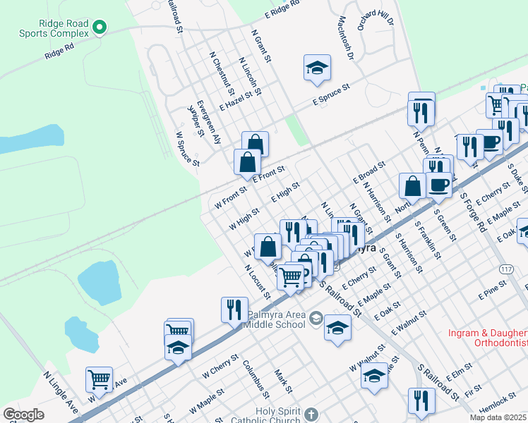 map of restaurants, bars, coffee shops, grocery stores, and more near 251 North Railroad Street in Palmyra