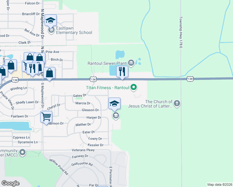 map of restaurants, bars, coffee shops, grocery stores, and more near 1656 East Grove Avenue in Rantoul