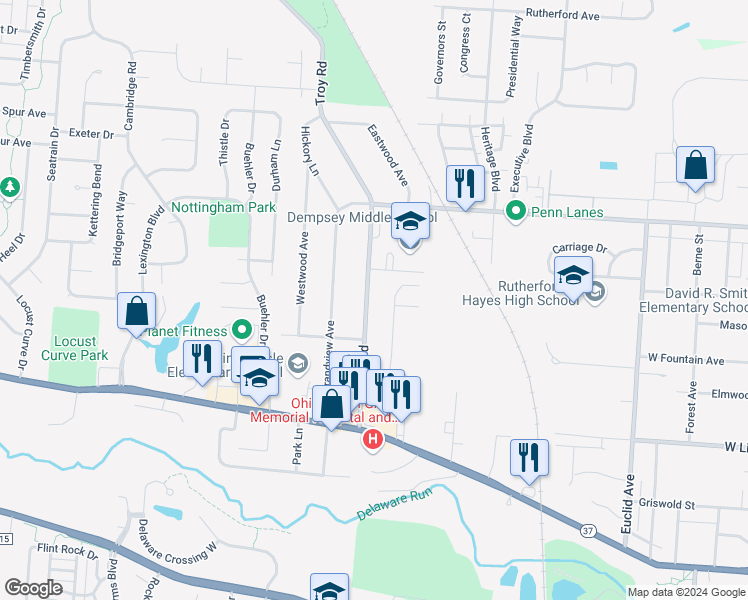 map of restaurants, bars, coffee shops, grocery stores, and more near 148 Troy Road in Delaware