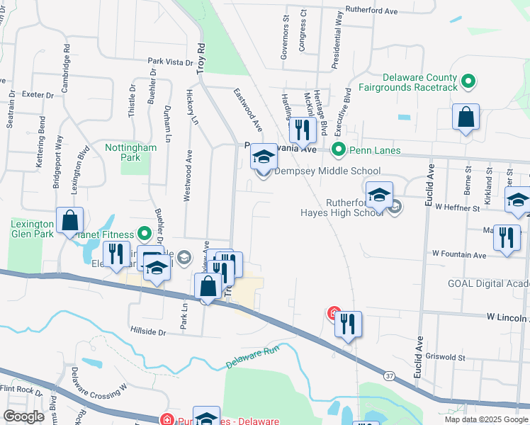 map of restaurants, bars, coffee shops, grocery stores, and more near 178 Northwood Drive in Delaware